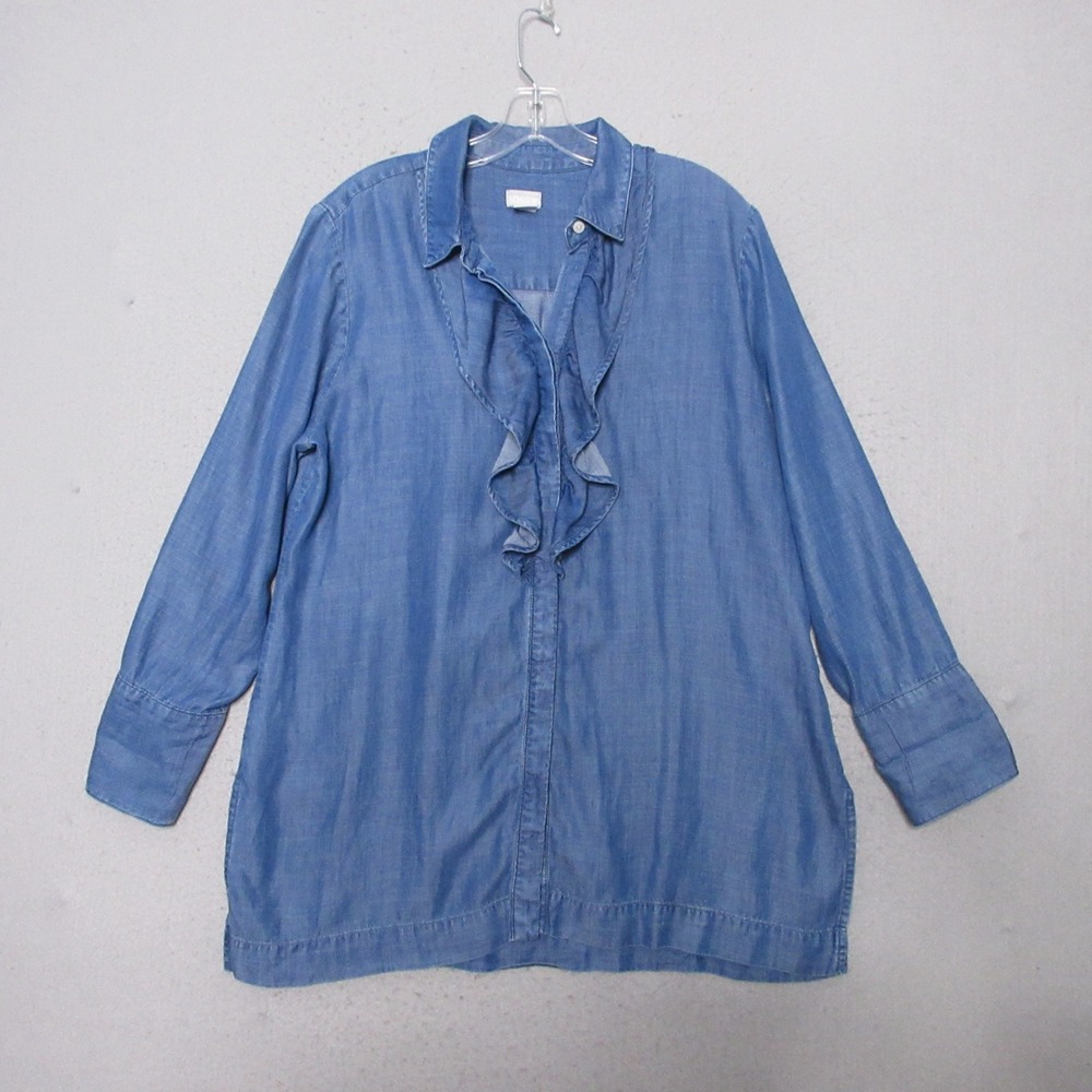 Chicos Top Ruffle Front Tencel Chambray Blue Timeless Button Up‎ Boho Relaxed